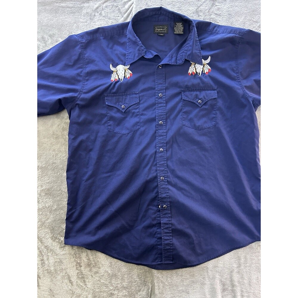 Vintage High Noon Western Shirt XL Dark  Navy Snap Steer Skull Embroidered